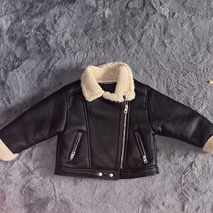 Kids Zara Black Leather Jacket with Cream Sherpa Trim Size 2